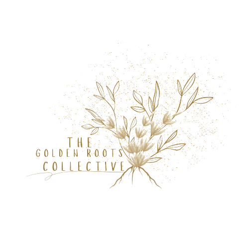 Gold-colored flowers forming a symmetrical, branching pattern with gold flecks and the text 'The Gold & Root Collective' in gold lettering.