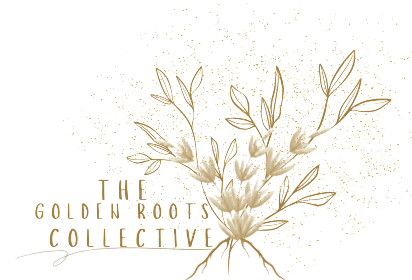 A golden-colored floral design with text that reads 'The Golden Root Collective' on a black background.