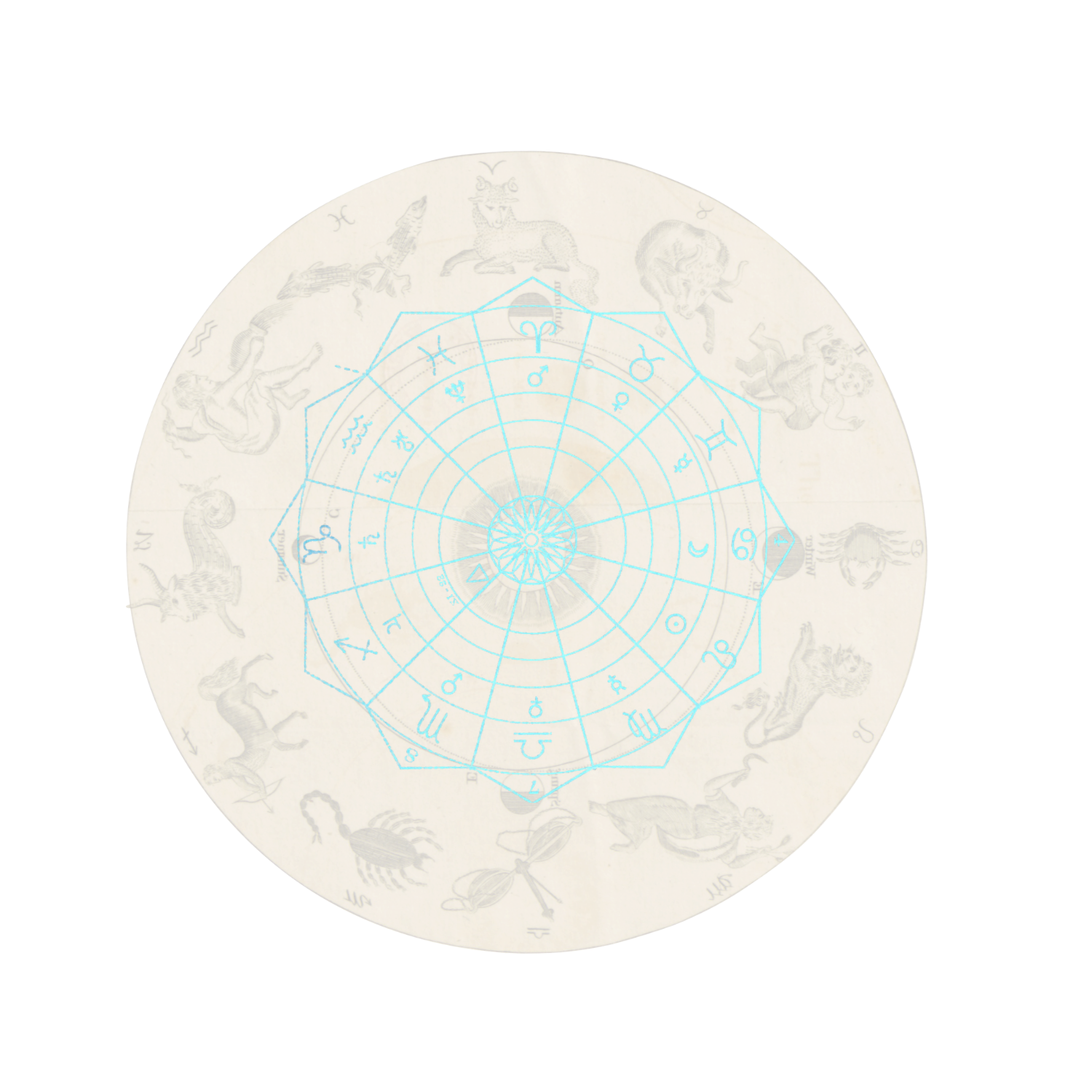 A circular zodiac chart with illustrations of astrological signs around the edge and an overlay of a blue natal chart with zodiac symbols and lines connecting different points.