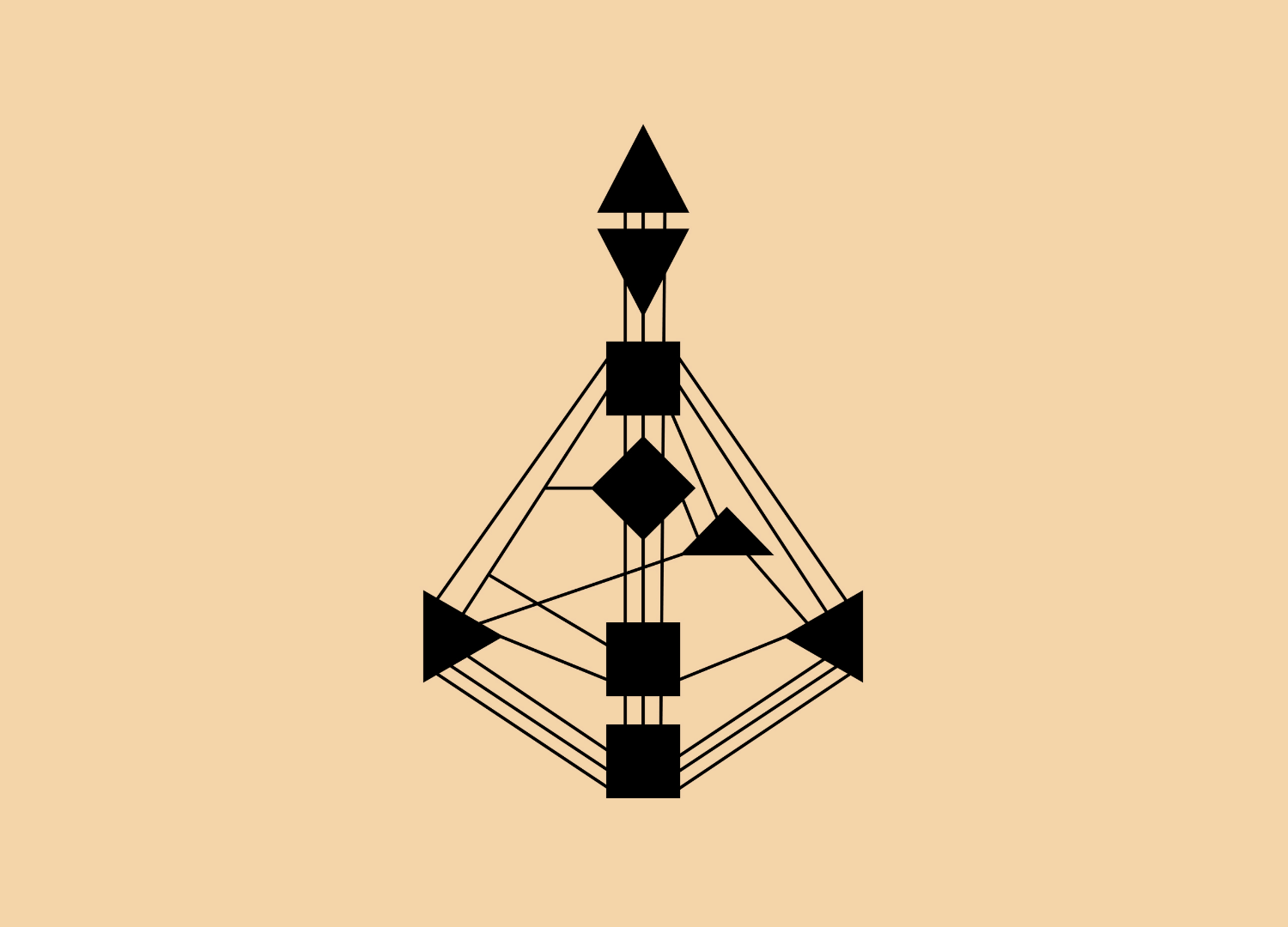 A black geometric abstract design on a light beige background, featuring interconnected shapes including squares, diamonds, triangles, and lines arranged in a symmetrical pattern.