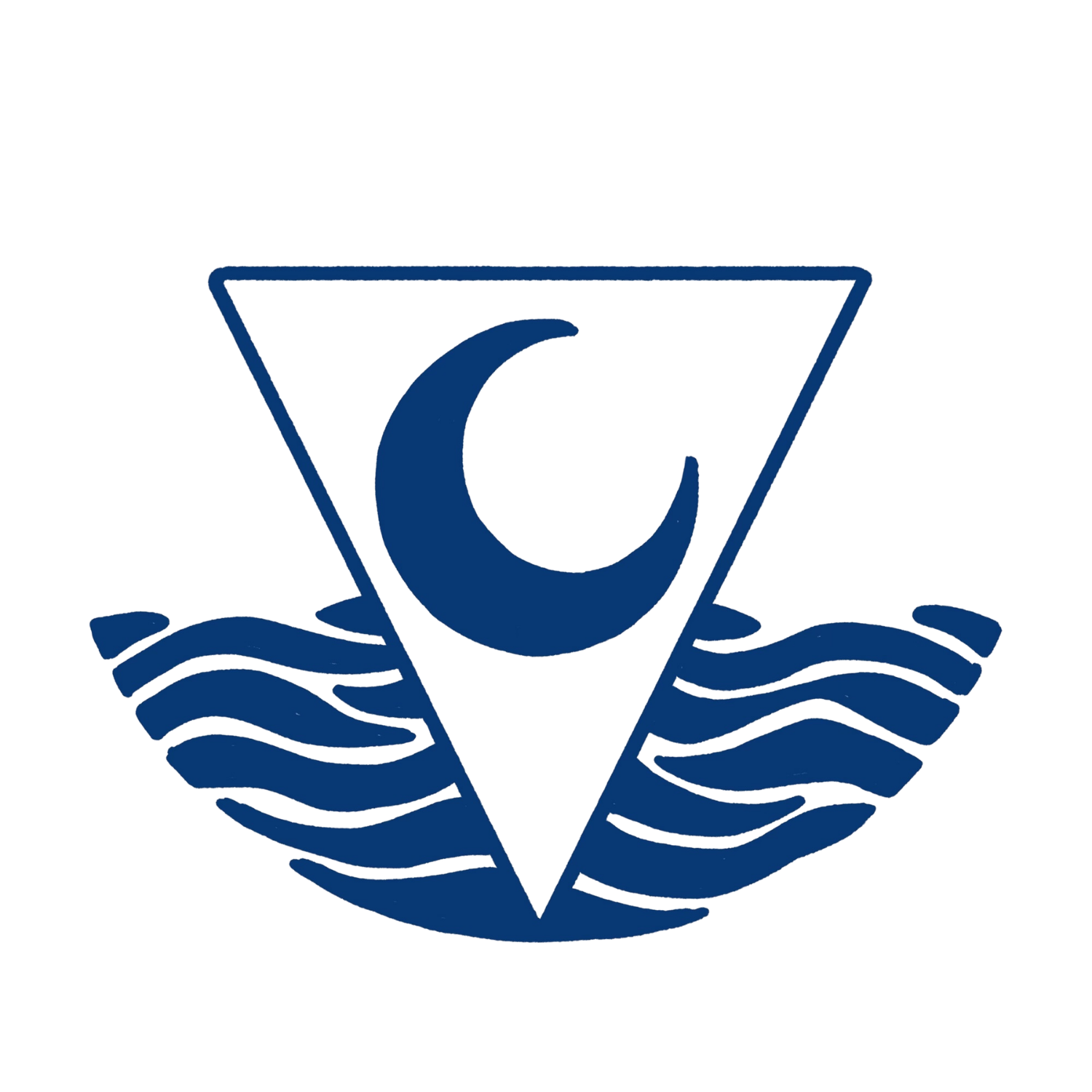 A stylized logo featuring a blue triangle with a crescent moon in the center, waves at the bottom, and a flock of birds above.