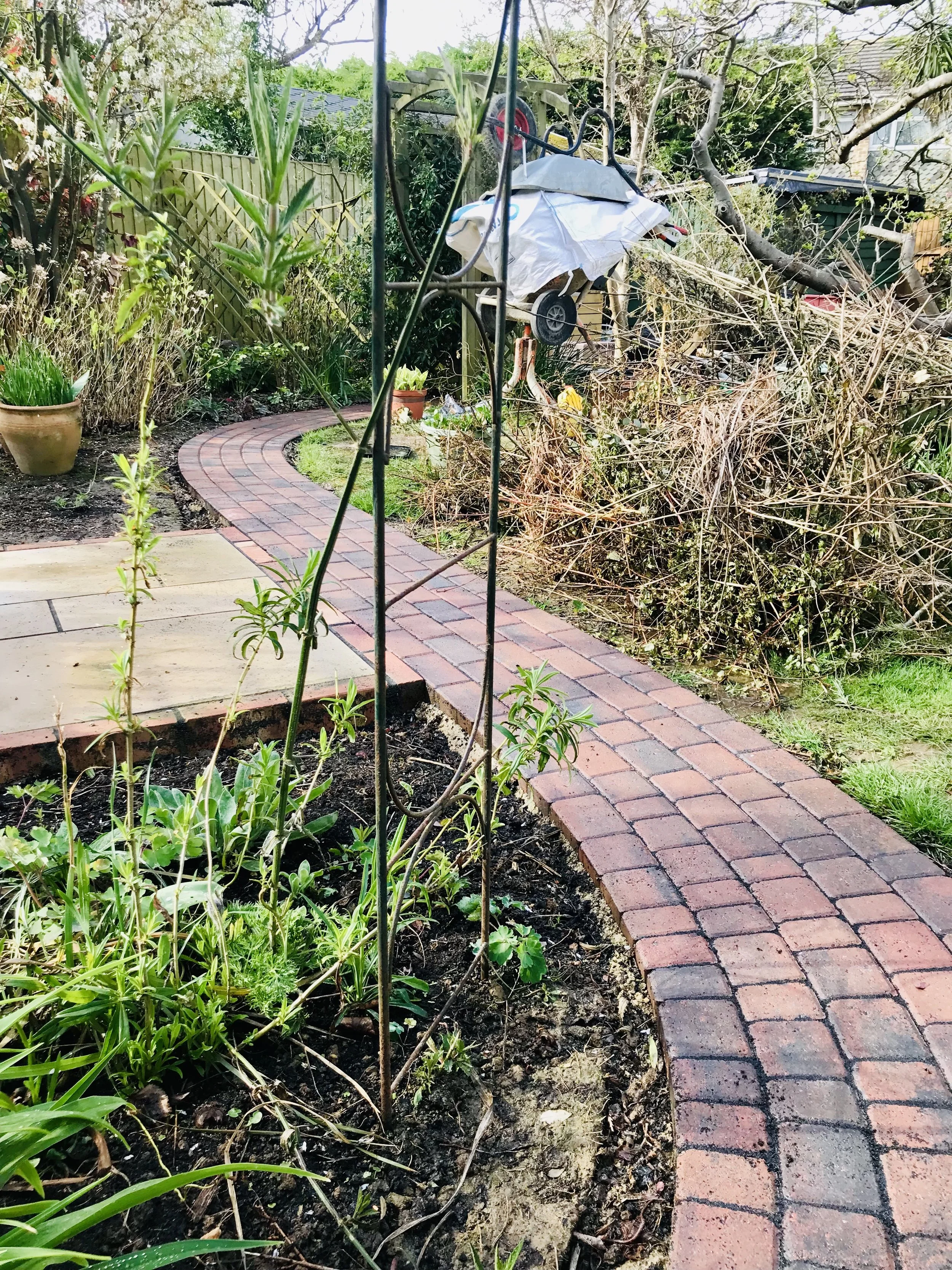 A garden with a curved brick pathway, plants, and gardening tools, including a small wagon and a plant support.