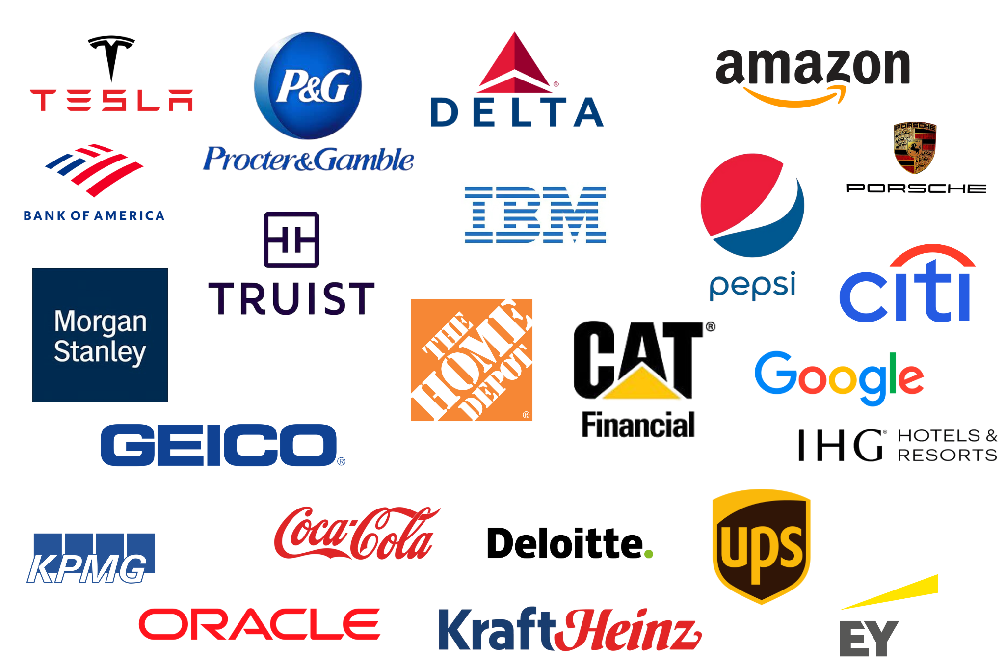 collage of various corporate logos including Tesla, P&G, Delta, Amazon, Porsche, Bank of America, Procter & Gamble, IBM, Pepsi, Citi, Morgan Stanley, GEICO, The Home Depot, CAT, Google, IHG, KPMG, Coca-Cola, Deloitte, UPS, Oracle, Kraft Heinz, and EY.