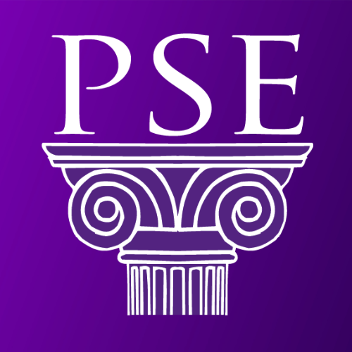 Logo with the letters PSE above a stylized Ionic column on a purple gradient background.