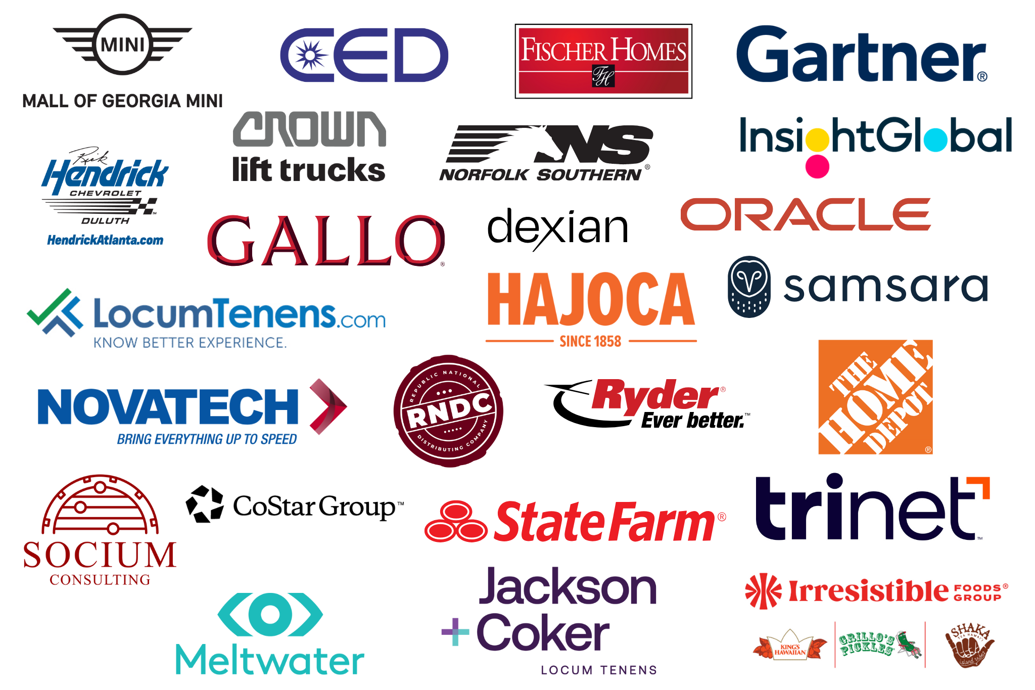 A collection of logos of various companies and brands, including MINI, GAD, Fischer Homes, Gartner, Insight Global, CROWN lift trucks, Norfolk Southern, Rick Hendrick Chevrolet, Gallo, Dexian, Oracle, LocumTenens.com, Samsara, Novatech, RNDC, Ryder, The Home Depot, Socium Consulting, CoStar Group, State Farm, Jackson Coker, trinet, Irresistible Foods Group, Meltwater, Kings Hawaiian, Gallo's Picles, Shaka Lala, and others, arranged in a collage format.