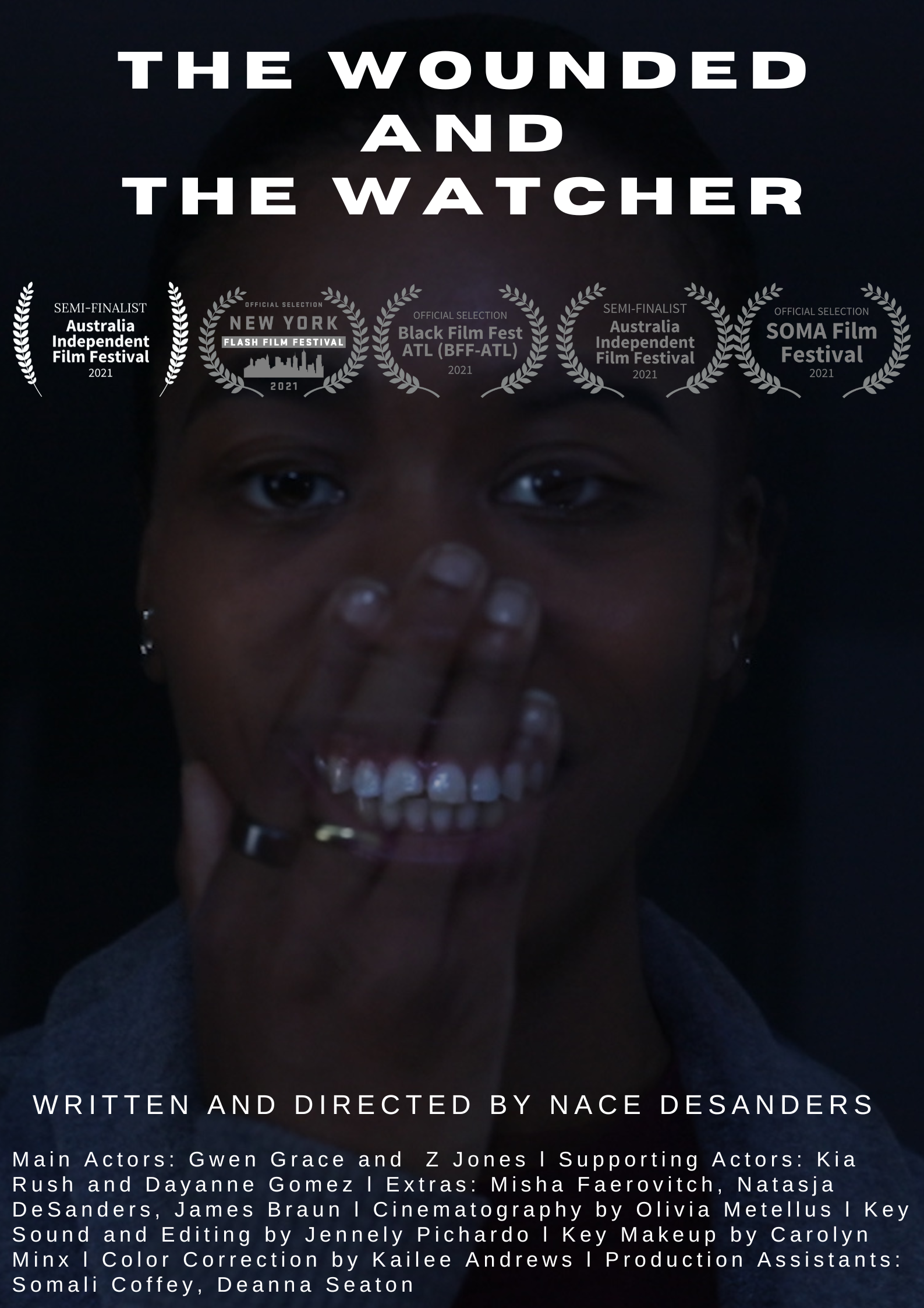 Movie poster for 'The Wounded and The Watcher' featuring a close-up of a smiling woman with her hand covering her mouth and face. The poster displays multiple film festival selection badges and credits at the bottom.
