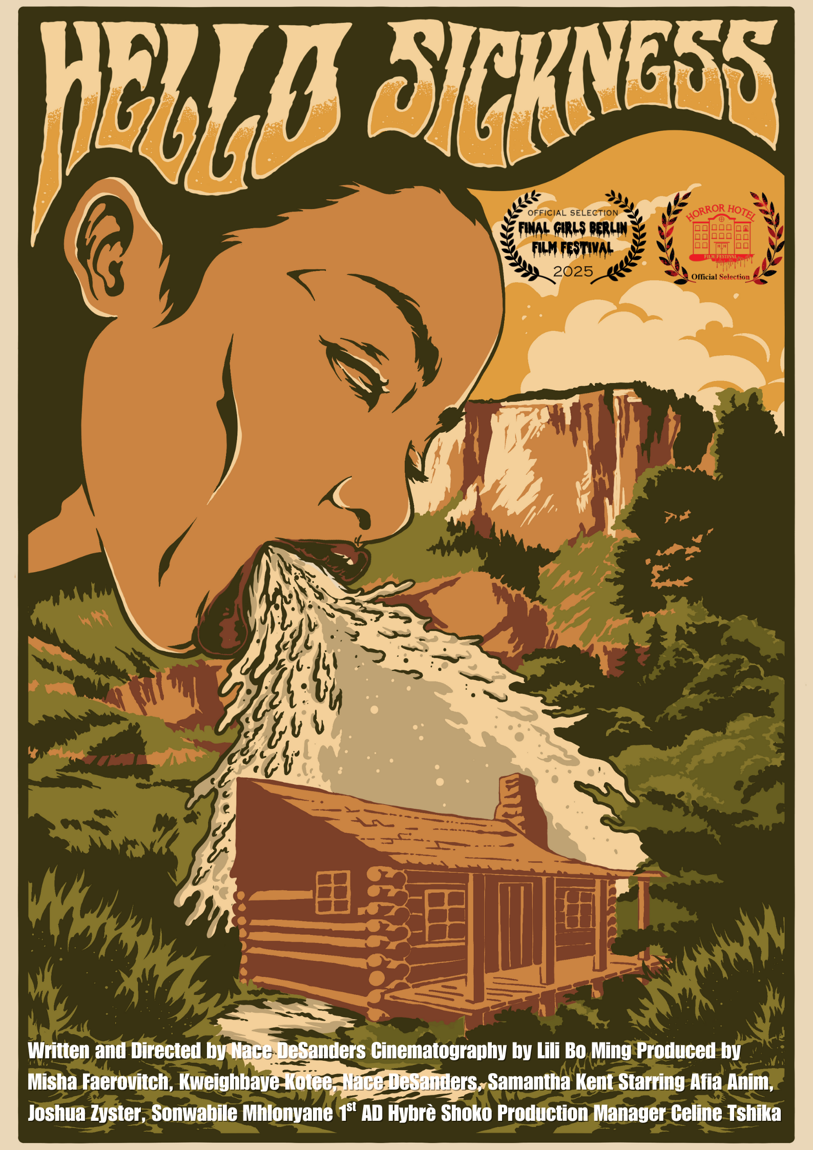 A stylized poster for the film titled "Hello Sickness" featuring a woman drinking water with a mountain, waterfall, and log cabin in the background. The poster includes awards and festival selections, with credits at the bottom.