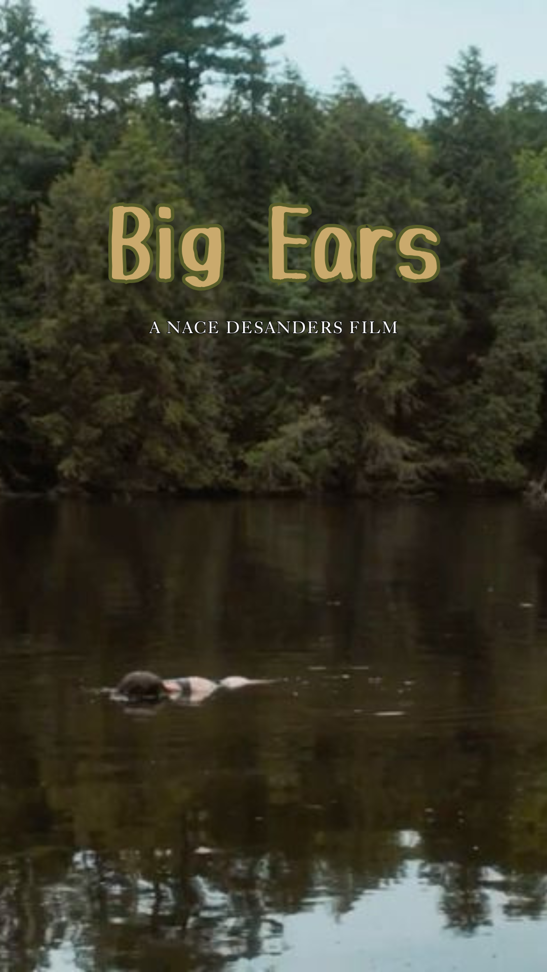 A dog swimming in a lake with a forested shoreline in the background, as shown on a movie poster titled 'Big Ears.'