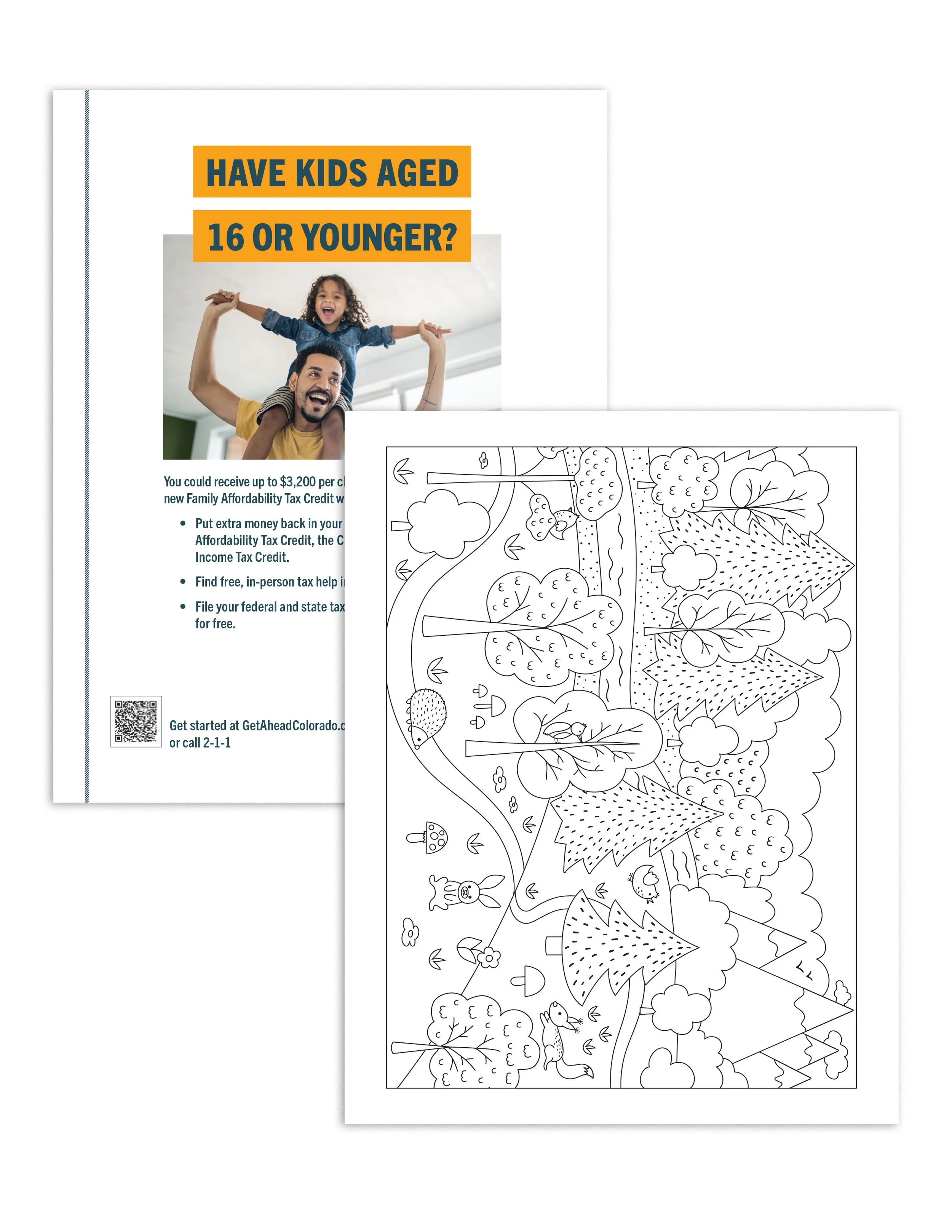 Flyer advertising tax benefits for families with children under 16, featuring a smiling man carrying a girl on his shoulders, with a coloring page of a forest scene in front.
