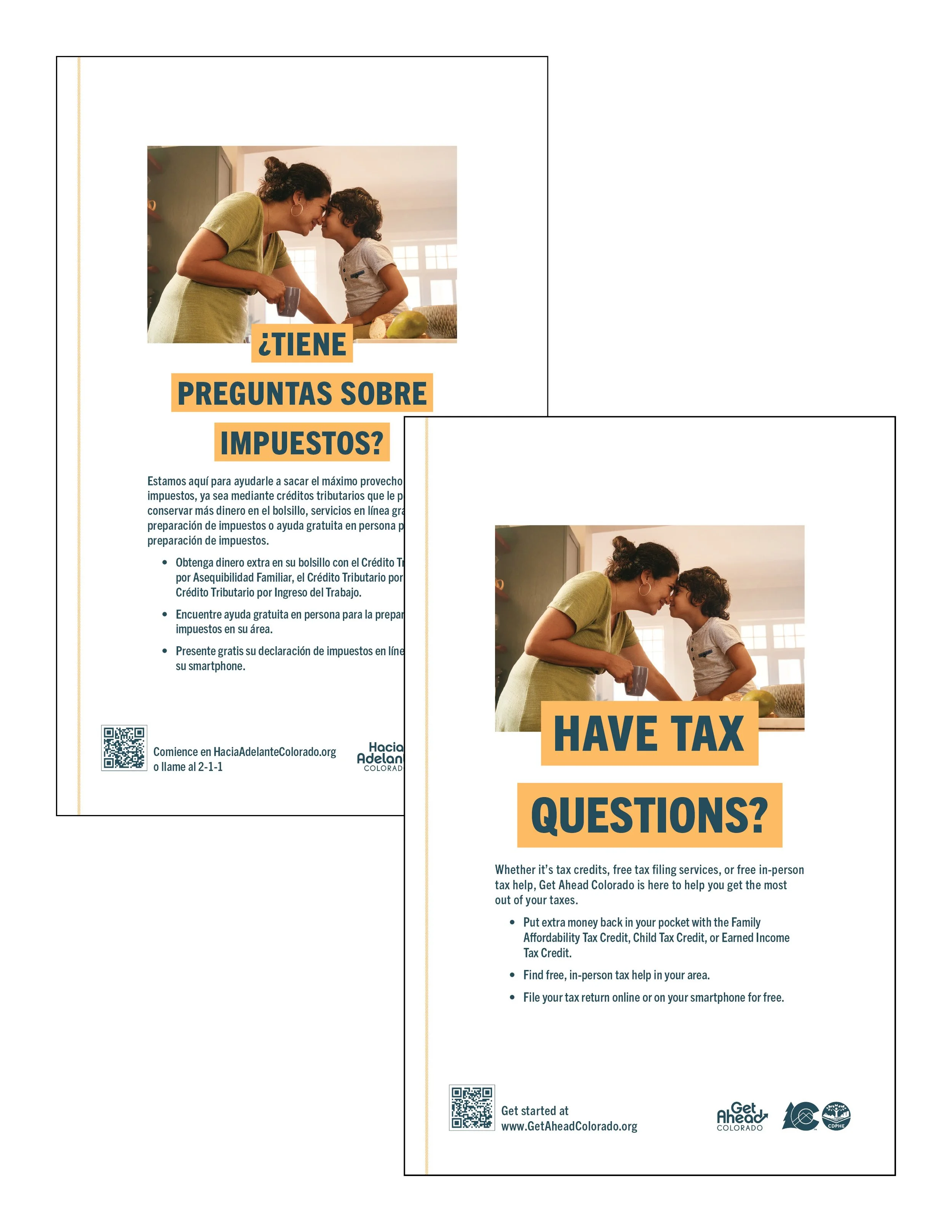 Flyer promoting tax assistance services, featuring a woman and a young boy leaning noses together in a kitchen, with bold text asking about tax questions or taxes and providing support contacts.