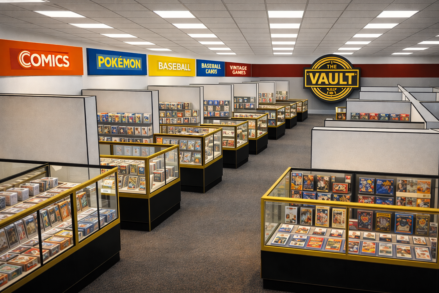 Interior of a collectibles store with display cases filled with comic books, and signs for various genres including Comics, Pokémon, Baseball, Baseball Cards, and Vintage Games, with a large store logo named The Vault in the background.