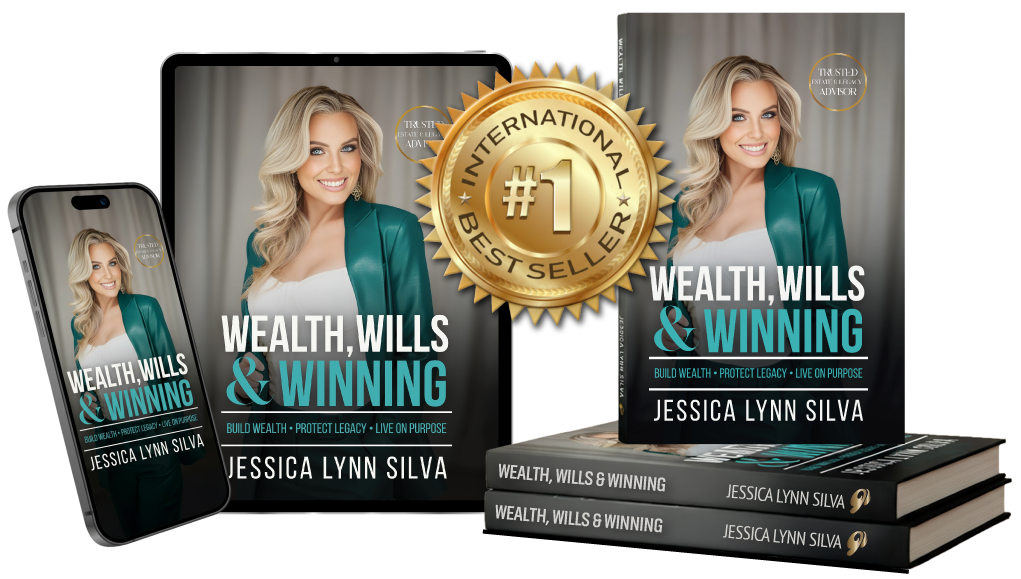 Cover of the #1 international bestseller Wealth, Wills & Winning by Jessica Lynn Silva displayed on a tablet and smartphone, with three copies of the book stacked beside them.