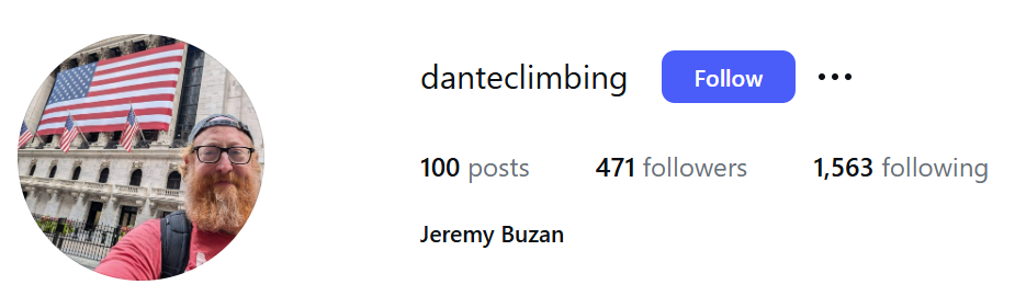 A screenshot of Jeremy Buzan's instagram account, by which we immediately recognized him as the portly man on our train car with long red hair and a long red beard.