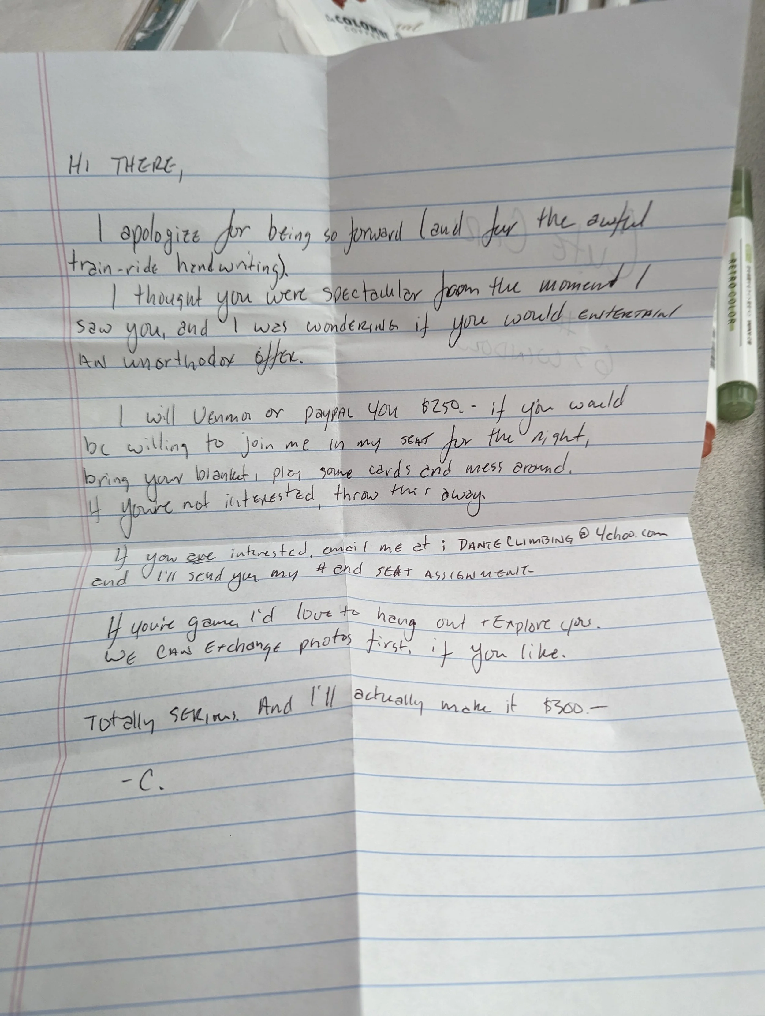 The handwritten letter Jeremy Christian Buzan placed on my child's seat, addressed to "cute girl in 63 window", which offers payment in exchange for her company.