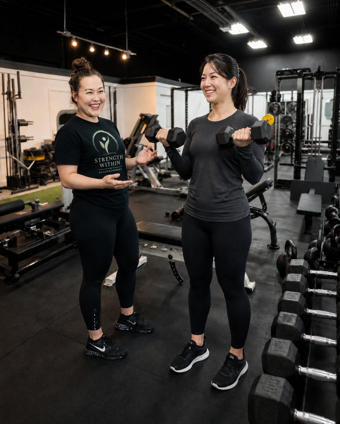Movement and Exercise Psychotherapy therapist supporting a smiling woman performing dumbbell bicep curls in a private Orangeville gym.