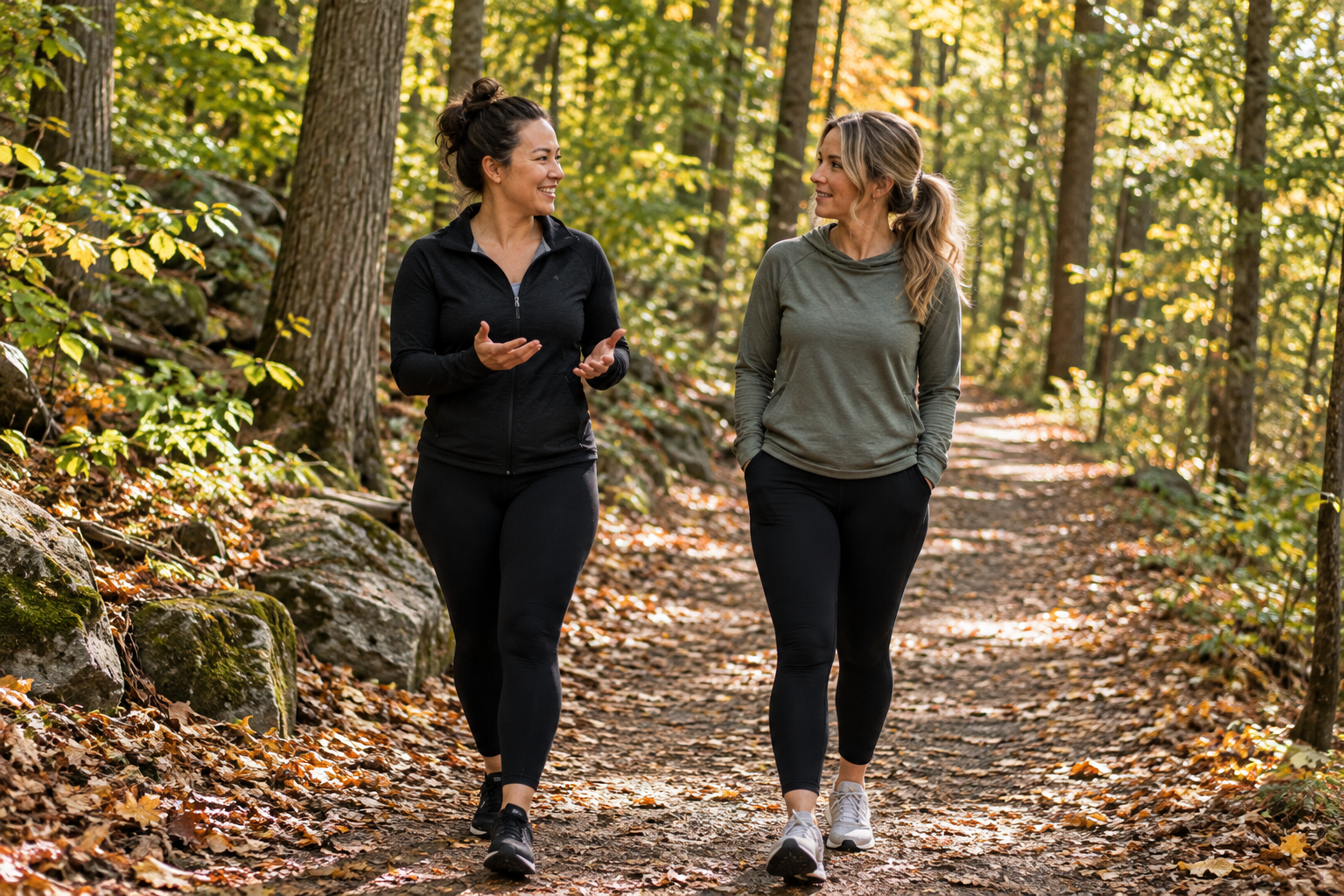 Two women walking together along a wooded trail, illustrating outdoor Walk & Talk Therapy in Orangeville.