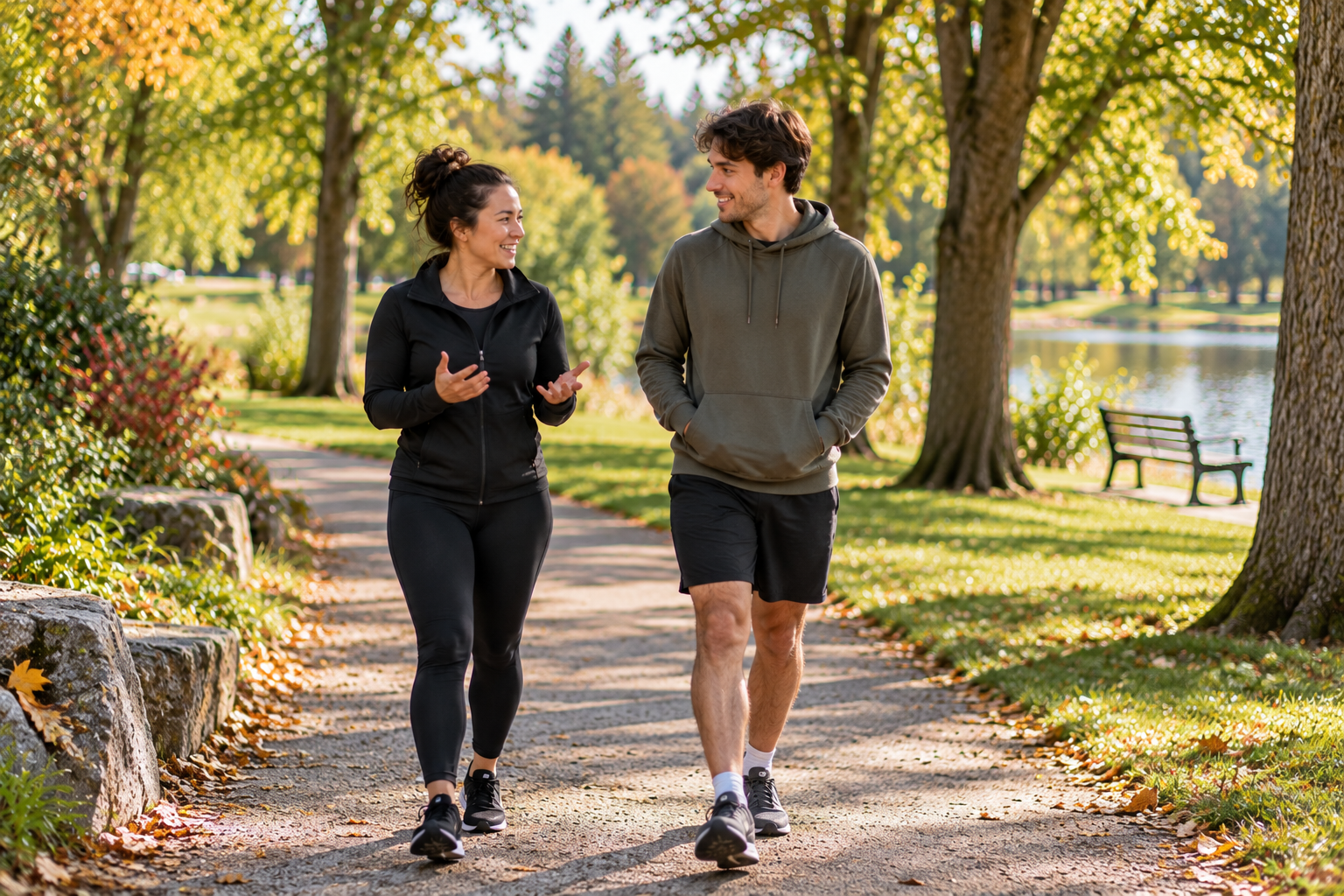 Two adults walking together along a tree-lined park pathway, illustrating outdoor Walk & Talk Therapy.