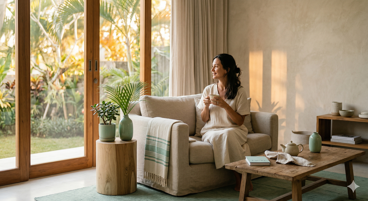 Overwhelmed mother now relaxing in a tidy living room after an Aldea mother's helper did a whole-home reset in communities across San Diego County.