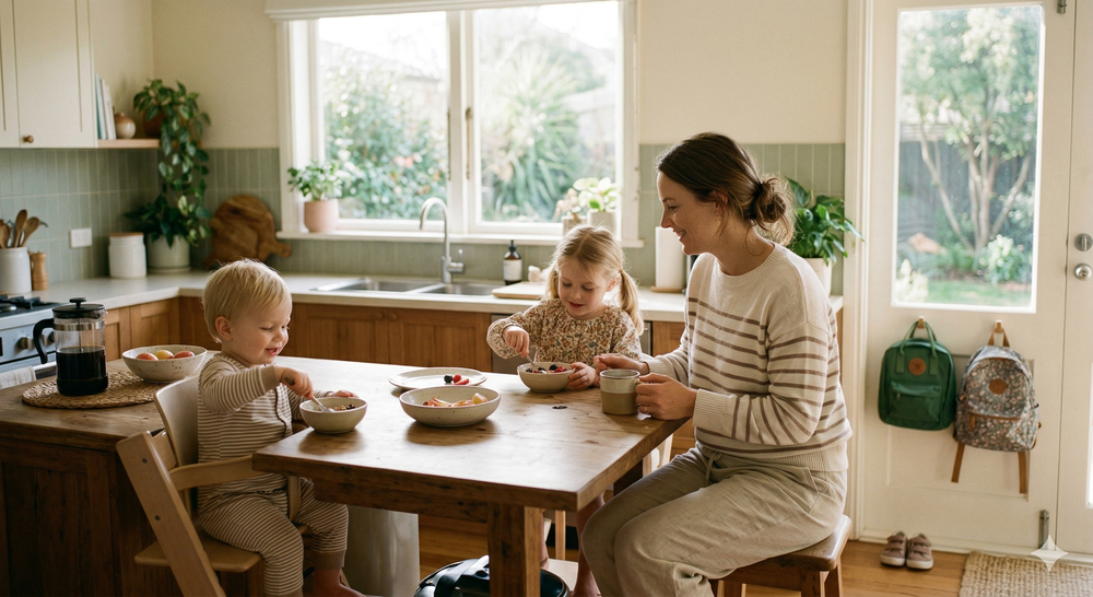 Busy mom enjoying time with her children after receiving extra household help from an Aldea mother's helper. The mom has 1 child with autism, she is an autism mom.