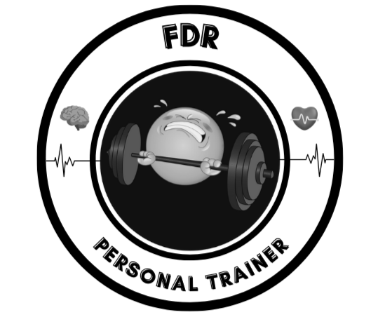 Simbolo di un emoticon che solleva un bilanciere con pesi, circondato da immagini di cervello e cuore, con testo "FDR Personal Trainer".