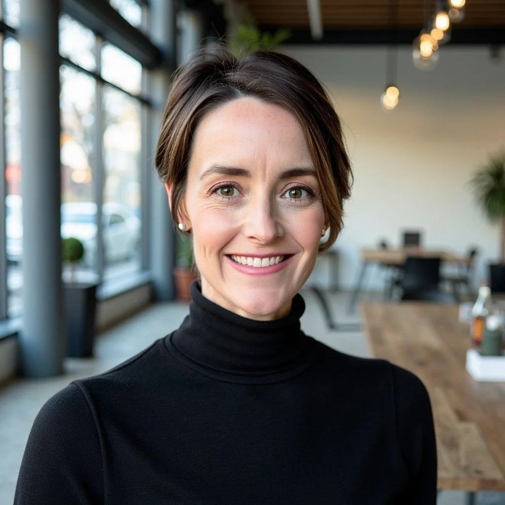 A woman with short brown hair smiling, wearing a black turtleneck, in a modern office with large windows and wooden tables.