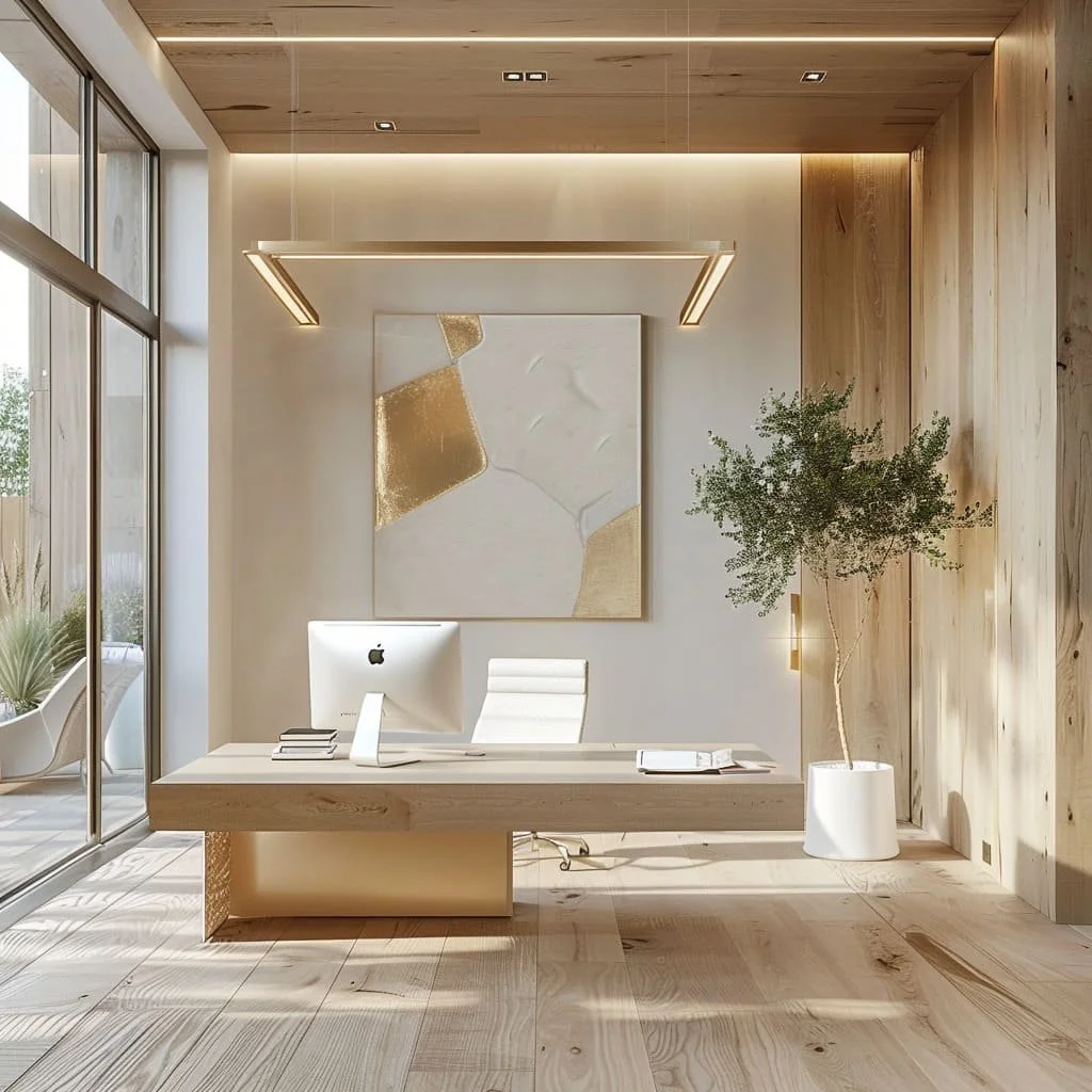 Modern office reception area with a white desk, Apple iMac, beige chair, large abstract gold and white artwork on the wall, wood-paneled walls, large potted plant, and glass sliding doors letting in natural light.