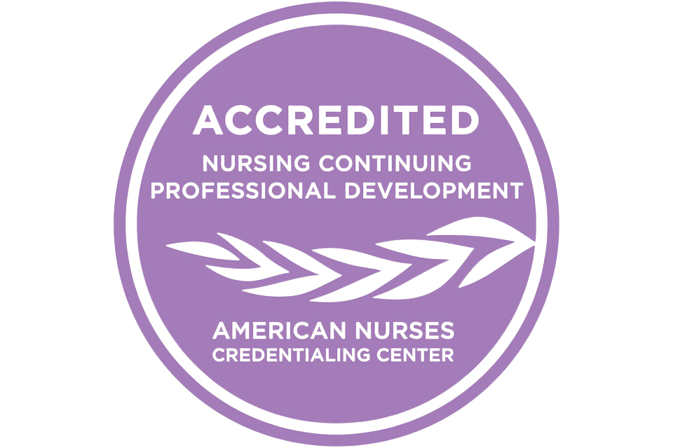 Purple oval badge with black text reading ACCREDITED NURSING CONTINUING PROFESSIONAL DEVELOPMENT, and AMERICAN NURSES CREDENTIALING CENTER below a stylized black leaf or branch graphic.