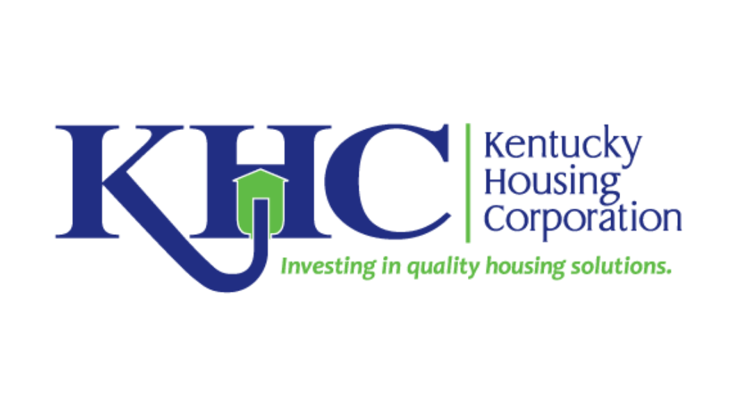 Logo of Kentucky Housing Corporation with the acronym KHC in large blue letters, a green house icon forming part of the 'H', and the full name on the right. Tagline in green: "Investing in quality housing solutions."