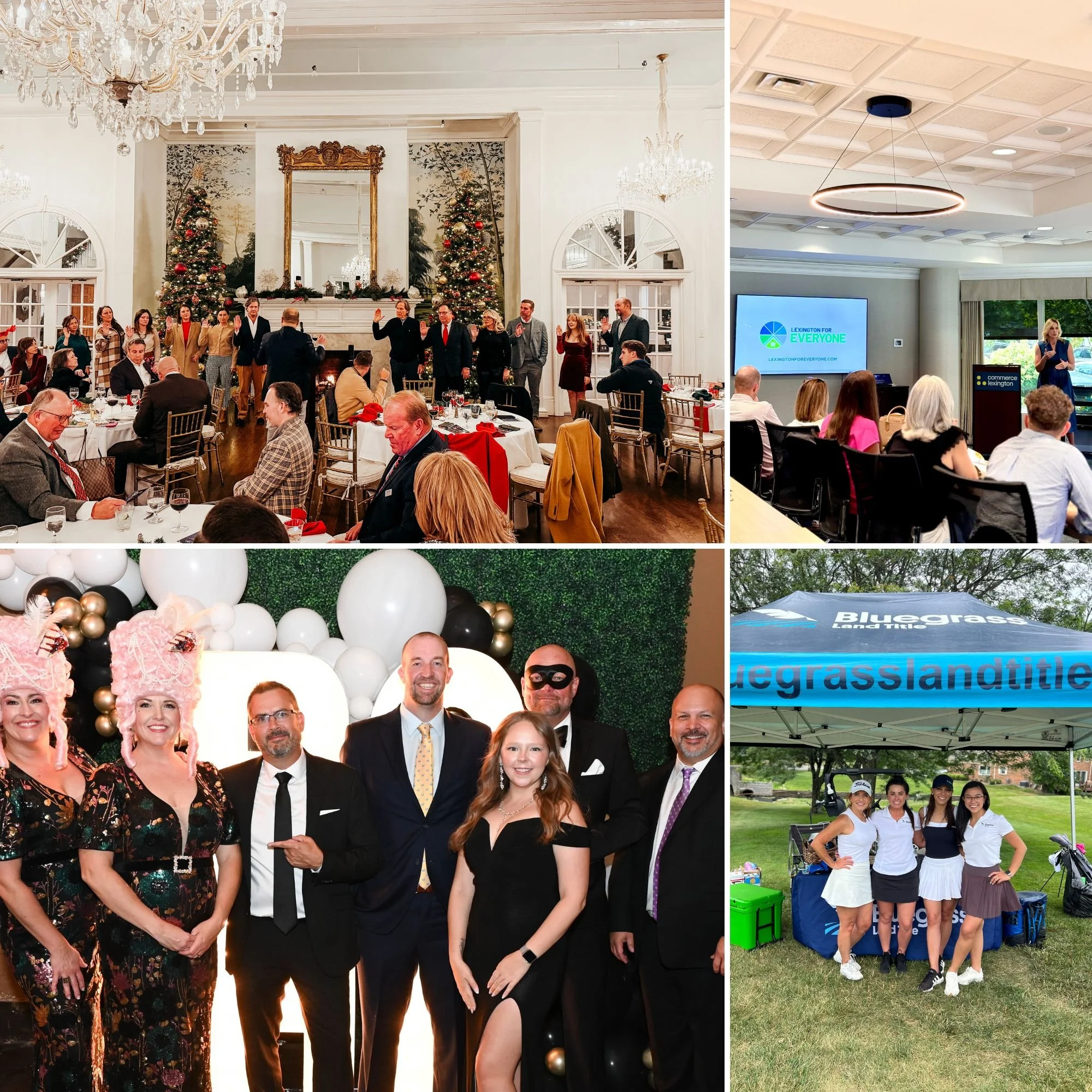 Top left: People at a formal holiday dinner with Christmas trees and decorations. Top right: Businesspeople at a conference or meeting in a professional setting. Bottom left: A group of six people dressed in formal and costume attire, posing in front of a decorated backdrop. Bottom right: Four women in athletic attire standing under a blue 'Bluegrass Land Title' tent at an outdoor event.