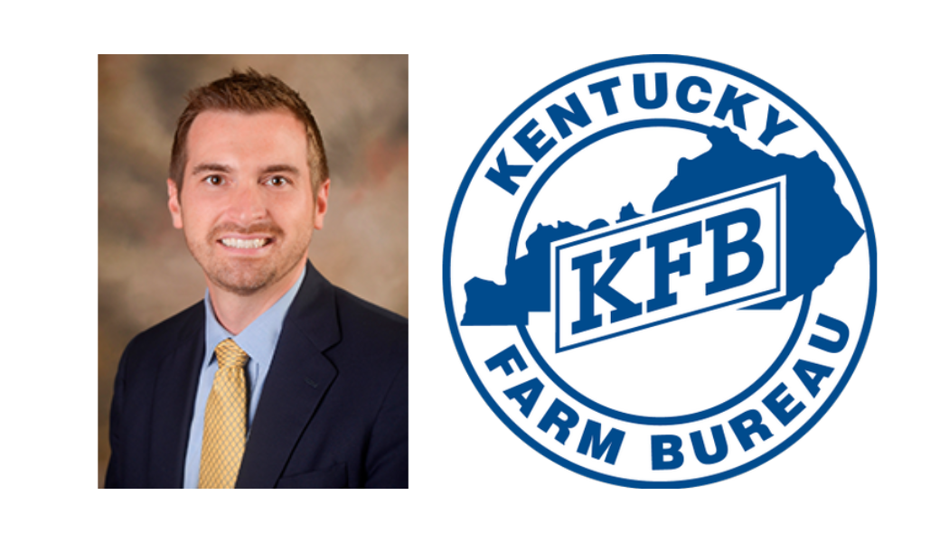 A professional headshot of a man in a suit and tie next to a Kentucky Farm Bureau logo.