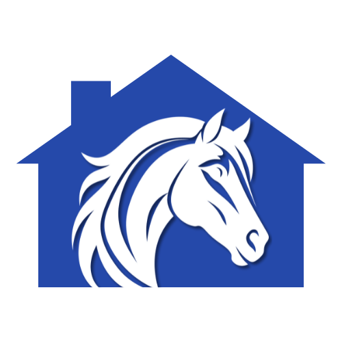 Logo featuring a white horse inside a blue house outline.