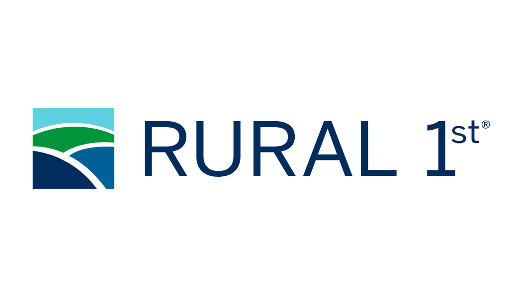 Logo with stylized blue, green, and white fields and the text 'RURAL 1st' in dark blue.