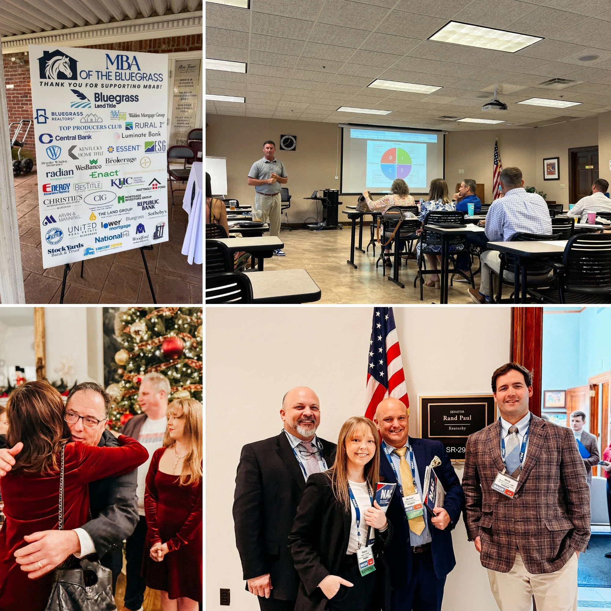 A collage of four photos taken at a professional event. The first photo shows a list of sponsors on an easel with a brick wall background. The second photo depicts a conference room with people attending a presentation, a man leading the session, and a screen displaying a pie chart. The third photo captures a woman hugging a man near a Christmas tree with ornaments and lights, and other people in the background. The fourth photo displays four individuals smiling and posing for a picture indoors, with an American flag and a nameplate that reads 'Senator Rand Paul Kentucky' in the background.