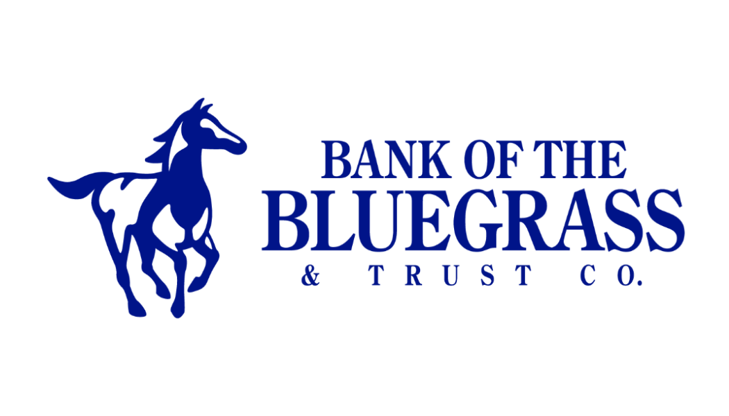 Logo for Bank of the Bluegrass & Trust Co., featuring a stylized blue horse on the left and the company name in bold blue letters on the right.