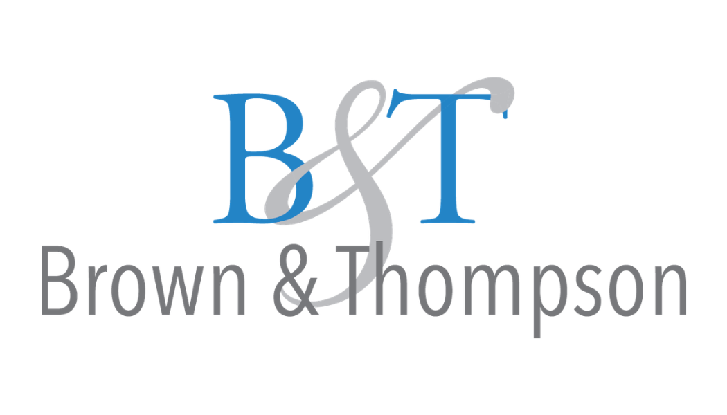 Logo for Brown & Thompson with initials B&T in blue and gray, and the full name written below.