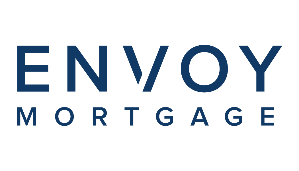 Logo with the text 'ENVOY MORTGAGE' in blue letters on a white background.
