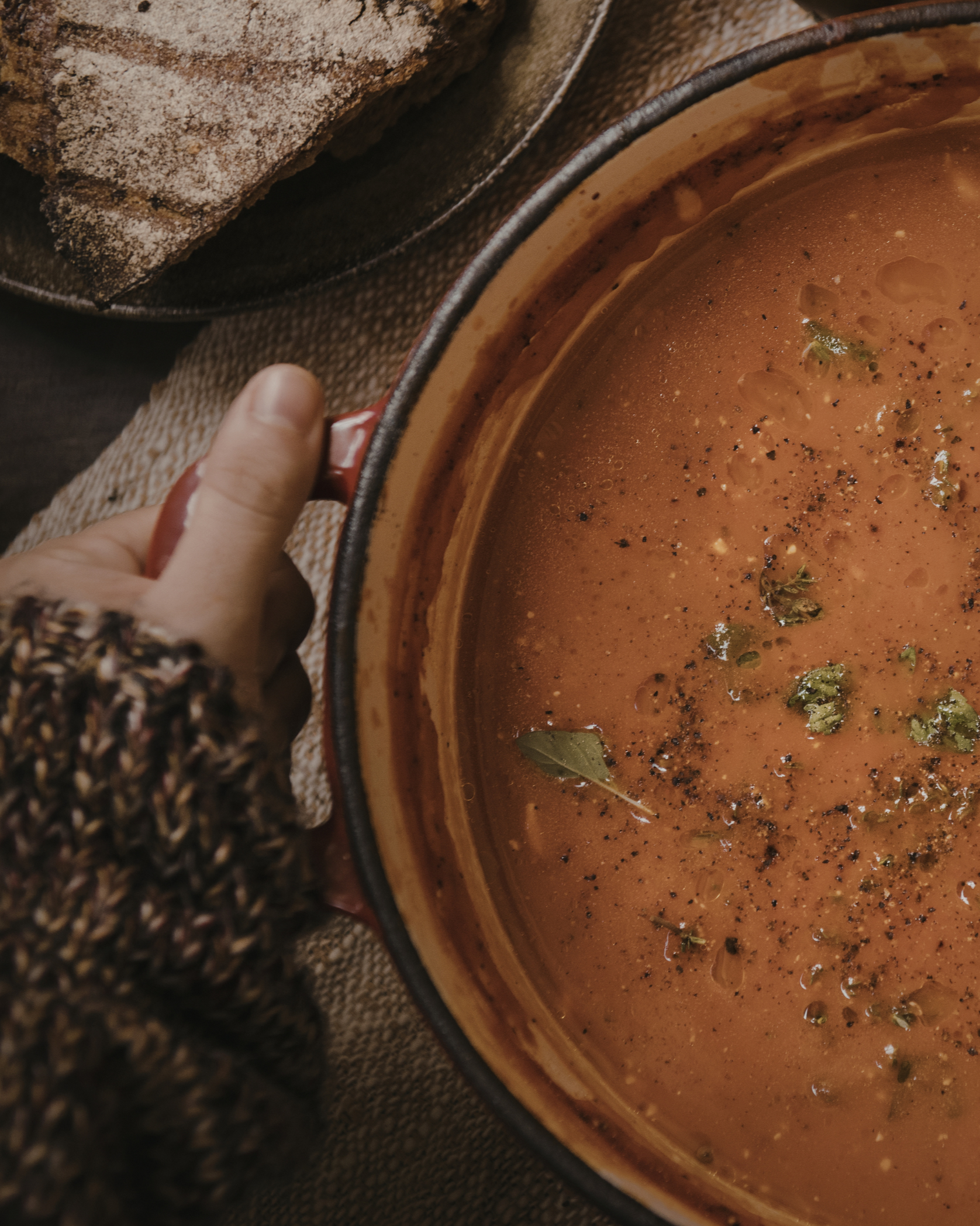 A hand holding a bowl of tomato soup garnished with herbs, with a plate of bread in the background.