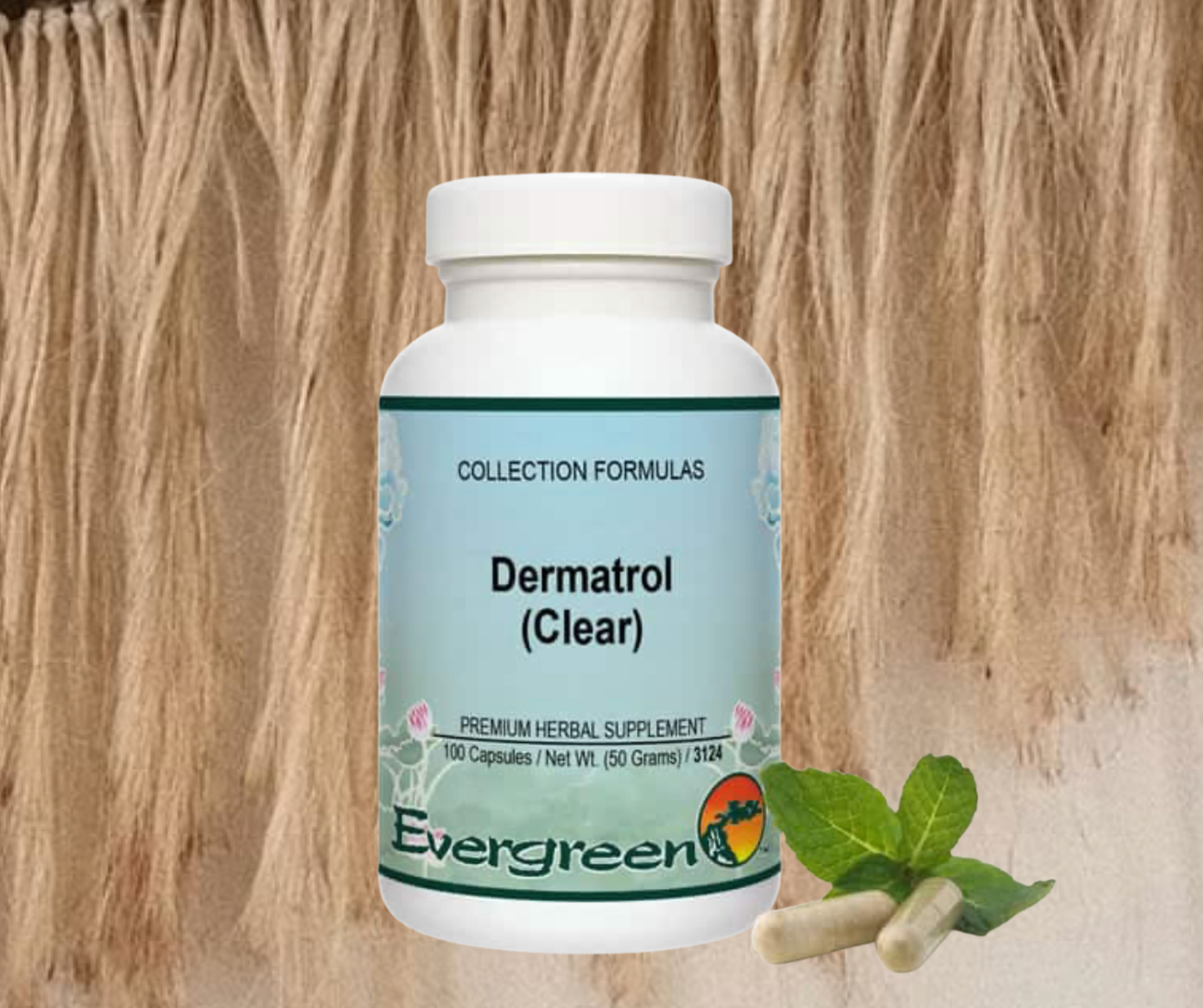 A white bottle labeled 'Dermatrol (Clear)' with an Evergreen logo next to green leaves and capsules, set against a wooden background.