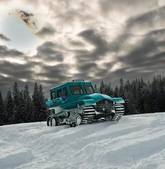 A blue snowcat vehicle with tracked wheels on a snowy landscape under a cloudy sky, with a forest of pine trees in the background.