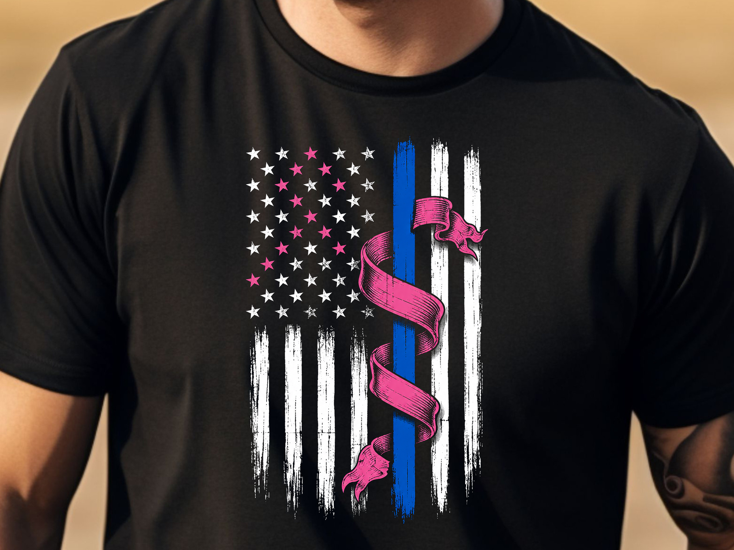 American Flag Support Tee with Pink Ribbon