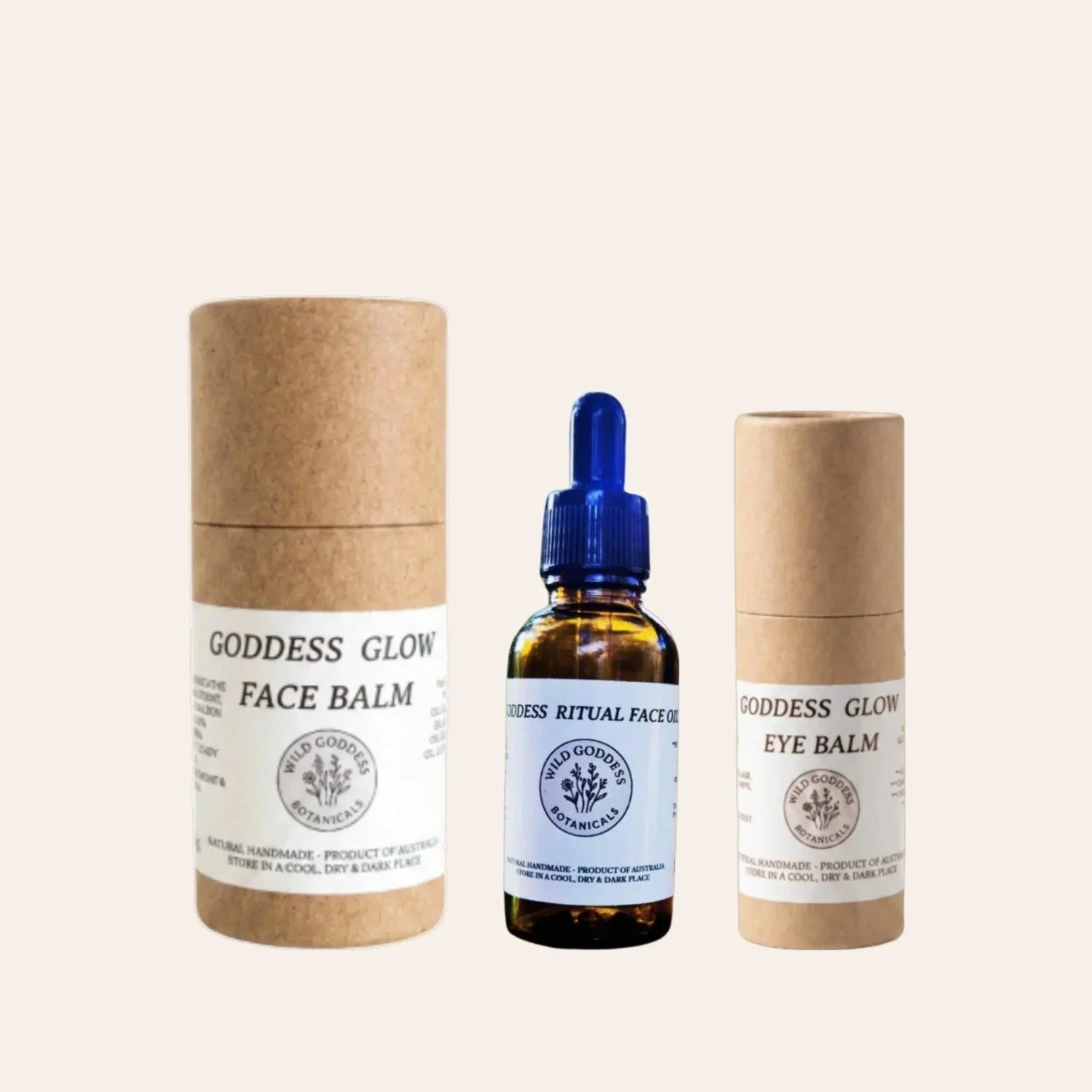 The Ritual Set — Goddess Glow Face Balm, Goddess Ritual Face Oil and Goddess Glow Eye Balm side by side