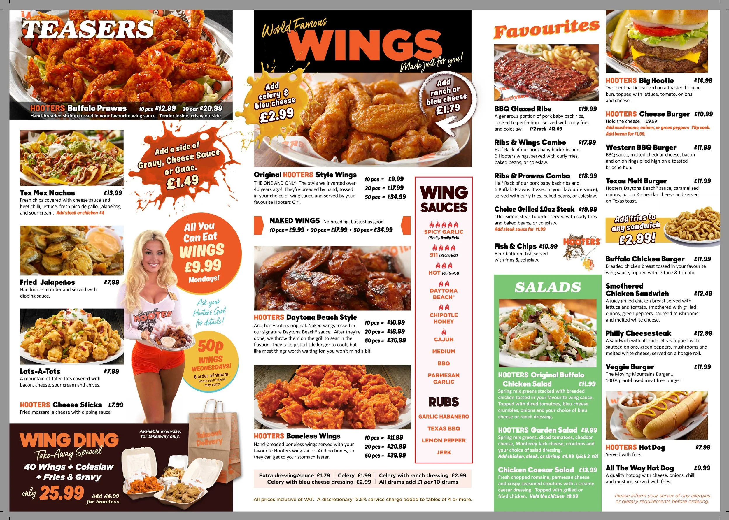A menu page displaying various food items including chicken wings, ribs, nachos, sliders, side dishes, and sandwiches, with images and prices.