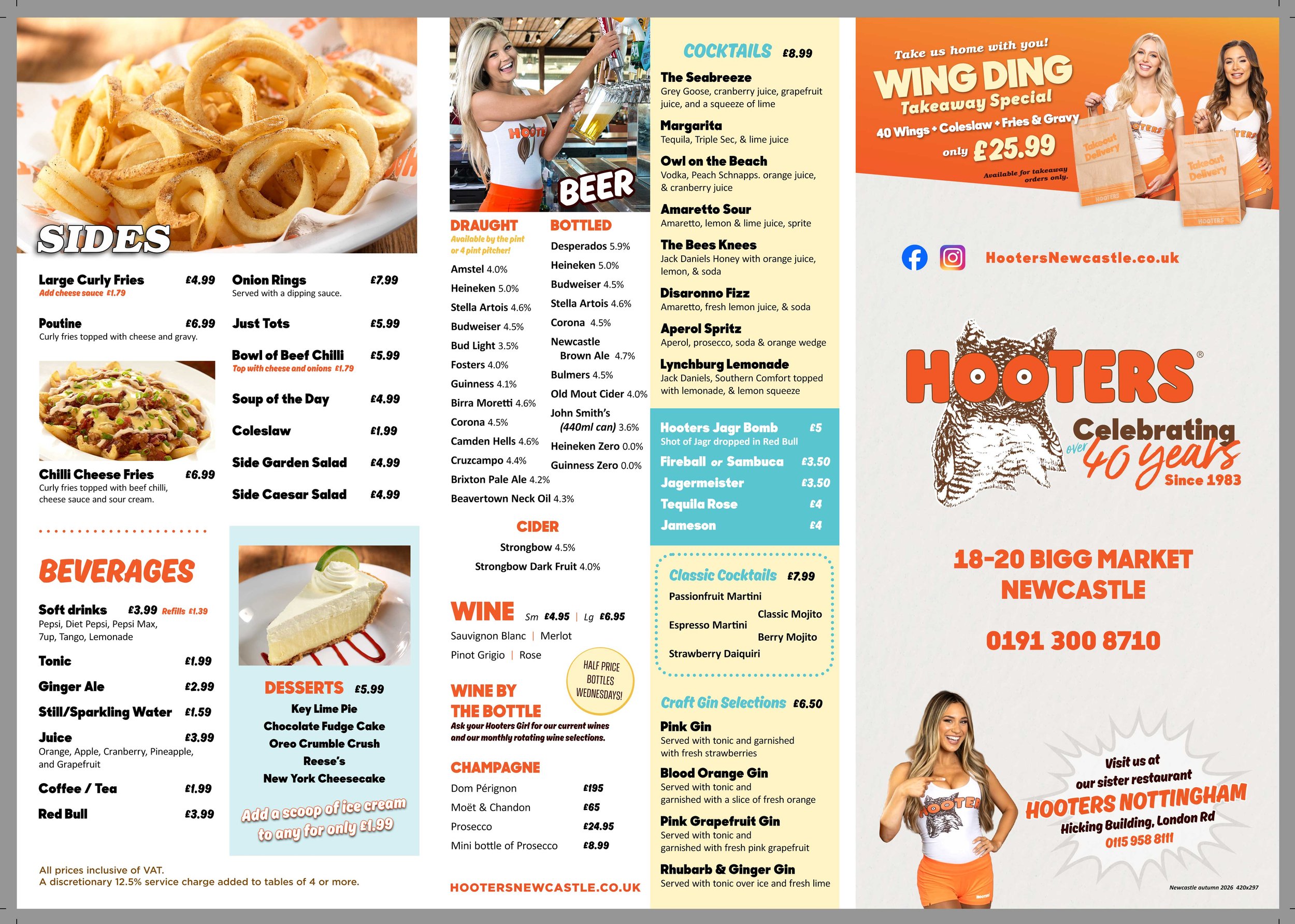 A menu from Hooters restaurant featuring sections for sides, beverages, desserts, alcoholic drinks, and cocktails, along with promotional information and contact details. Includes images of onion rings and slices of cheesecake.