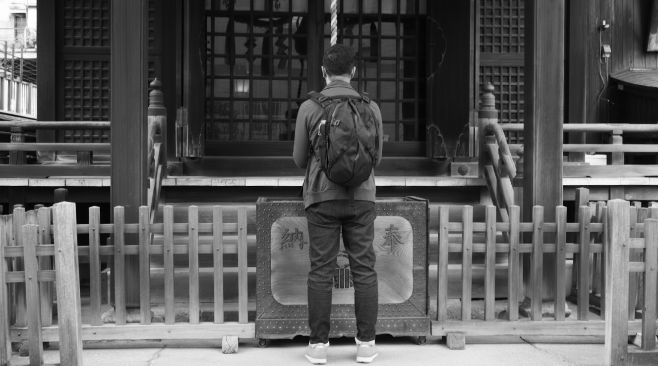 A black and white photograph of Randy Yang in quiet reflection before a Japanese Shinto shrine. The image serves as a metaphor for the design process: achieving clarity in complex hardware development requires a state of calm and the right collaborat