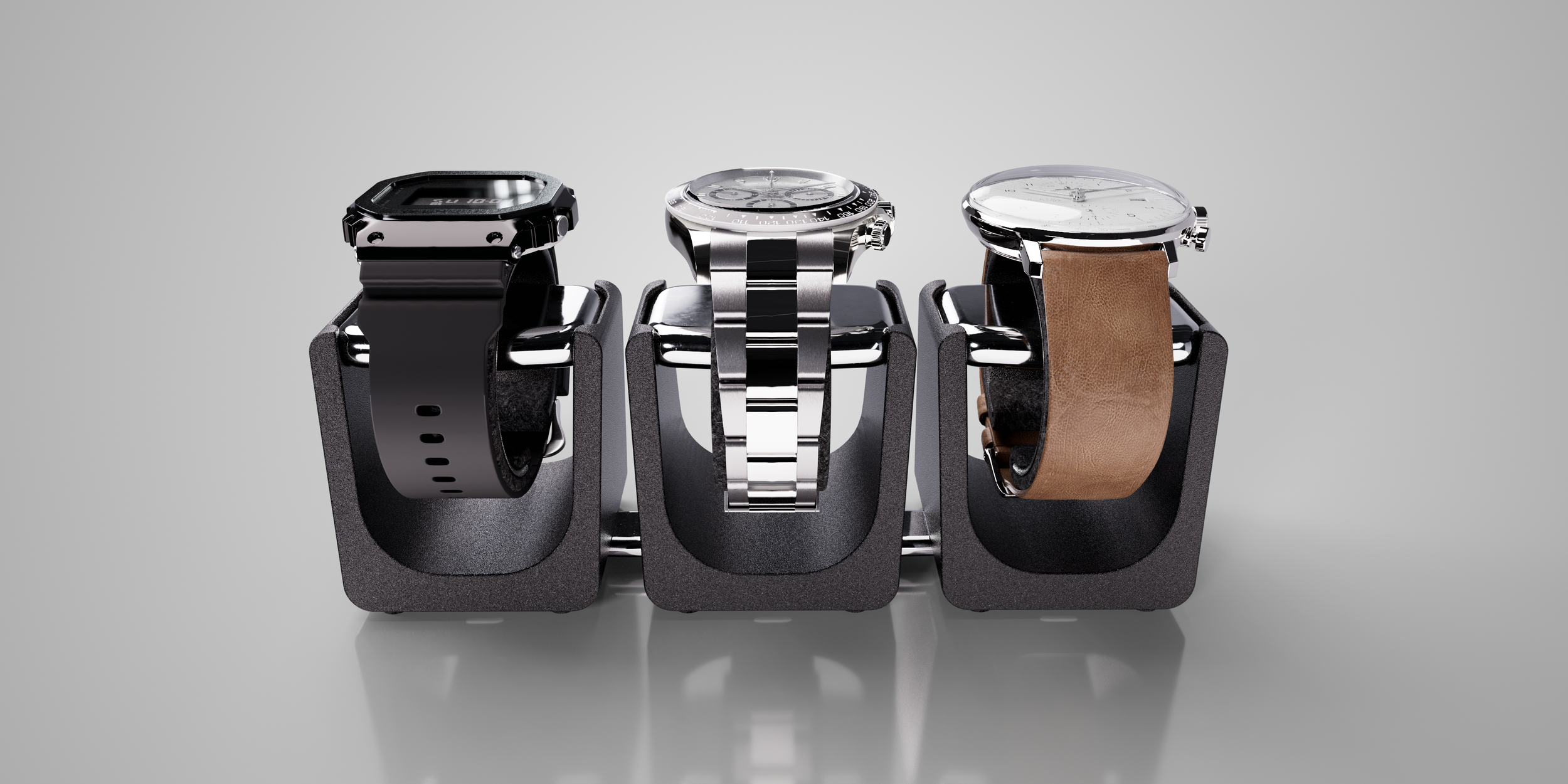 Three smartwatches placed in a row on black stands, with a gray background.