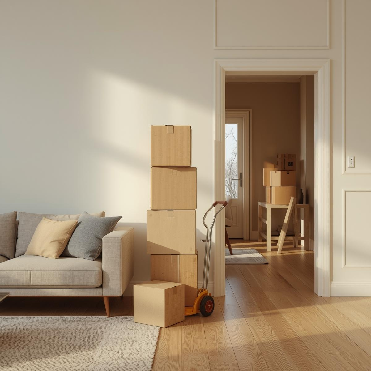 Living room with beige sofa, cushions, stacked moving boxes, a hand truck, and a doorway leading to a room with additional boxes and furniture.