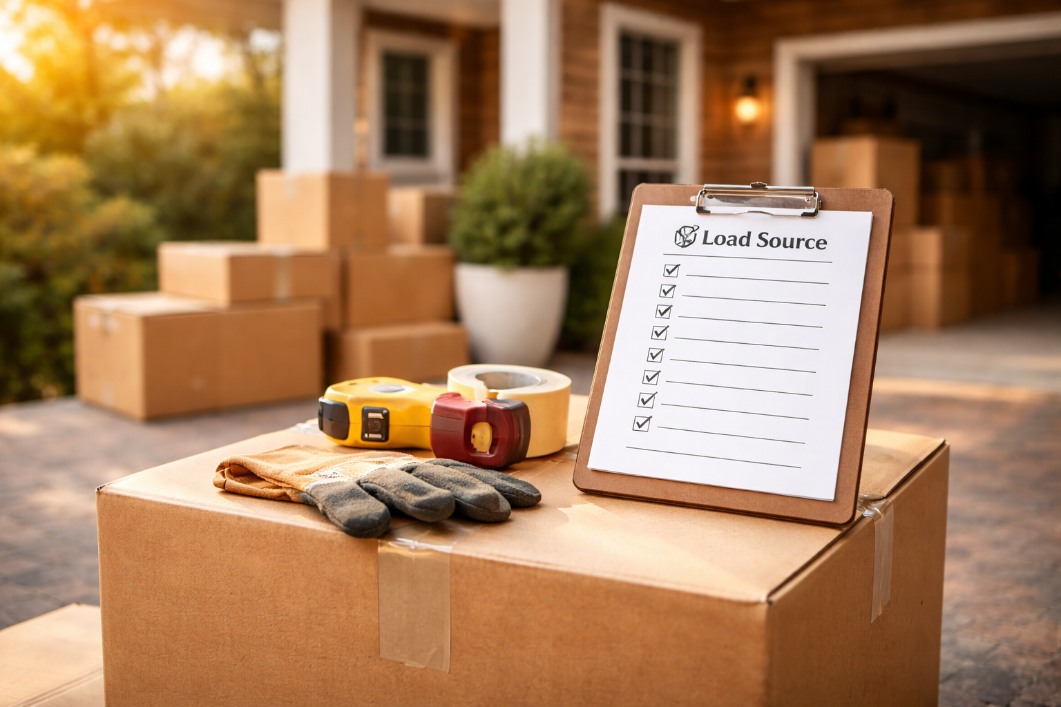 A clipboard with a checklist labeled 'Load Source' on a table with cardboard boxes, gloves, and tape in front of a house with more boxes outside.