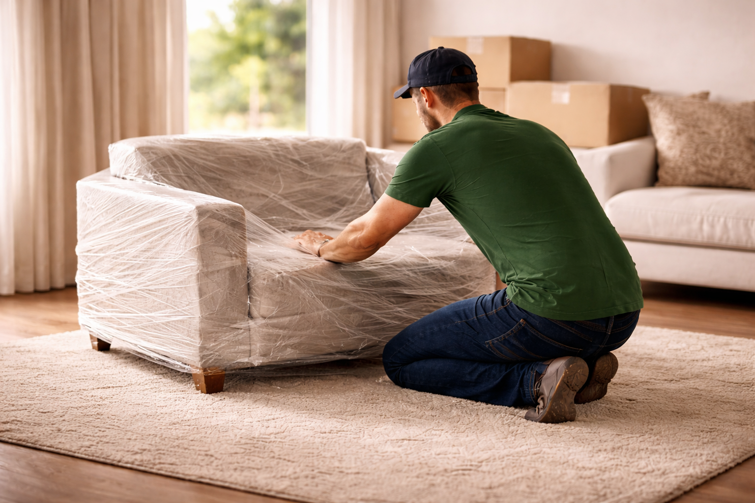 A man kneeling on a beige carpet, wrapping a light-colored sofa in plastic protective cover inside a living room with a window, curtains, and cardboard boxes in the background.