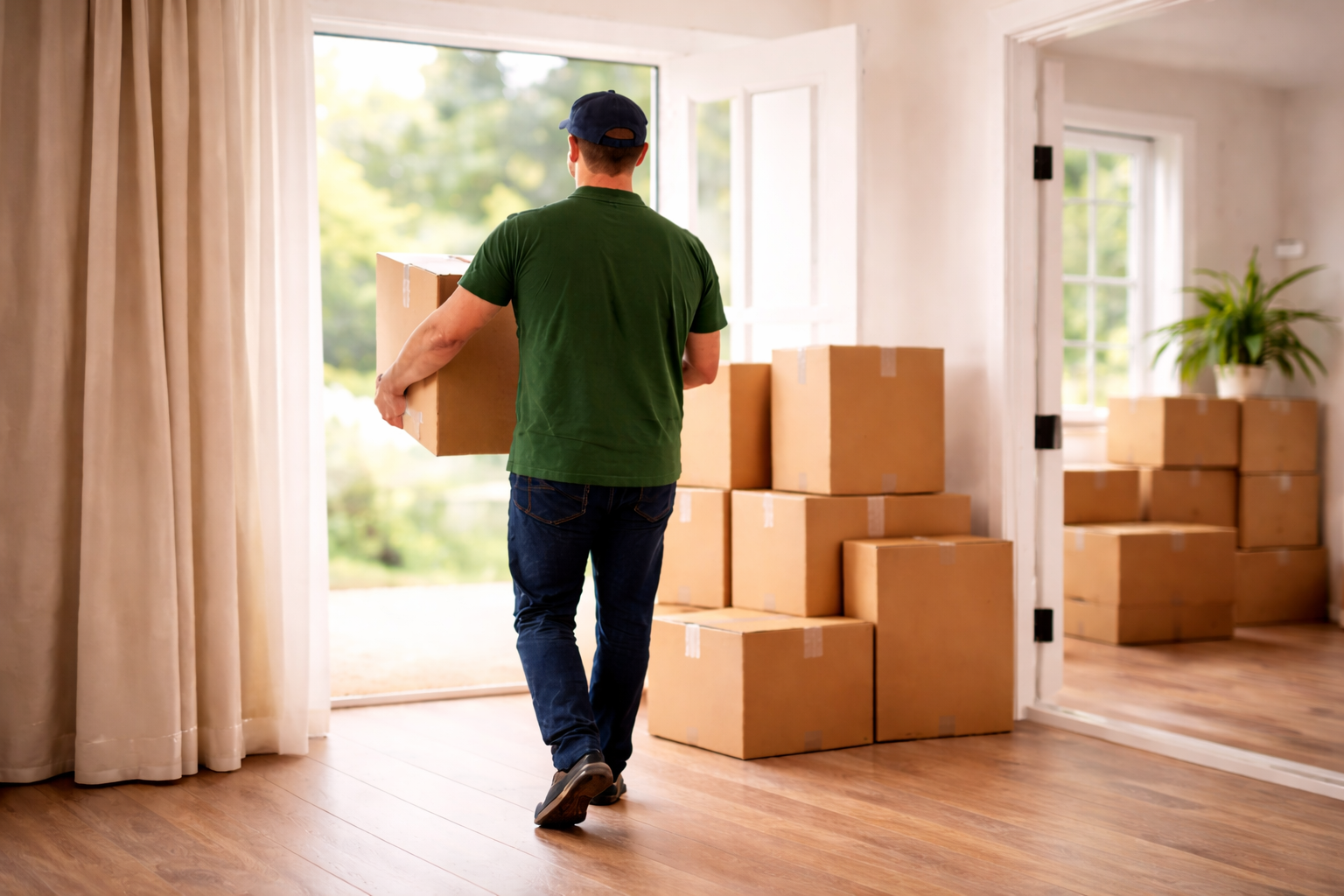 A person wearing a green shirt and blue jeans carrying a cardboard box into a home, with several other boxes stacked inside.