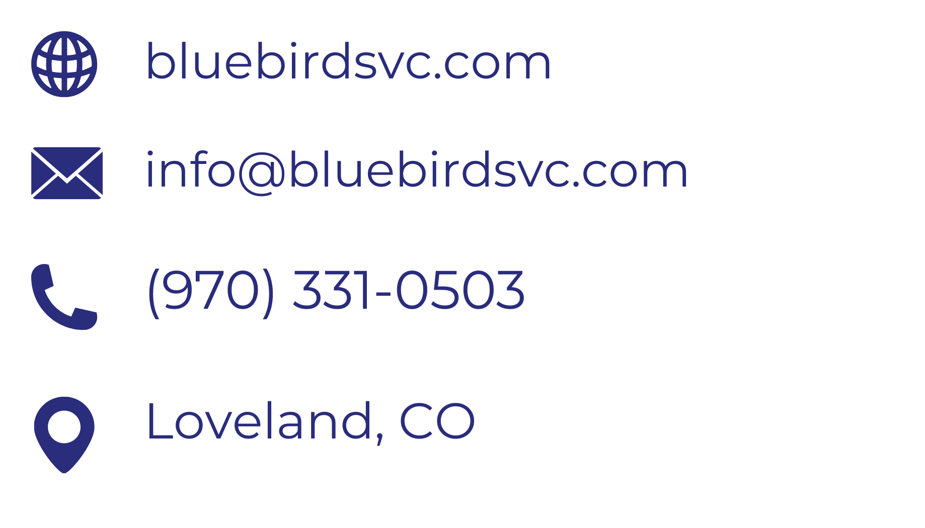 Business card for bluebirdsvc.com with contact information including email info@bluebirdsvc.com, phone number (970) 331-0503, and location Loveland, Colorado.